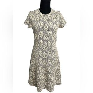 J McLaughlin Fit Flare Dress M Cream Black Jacquard Knit Short Sleeve Midi